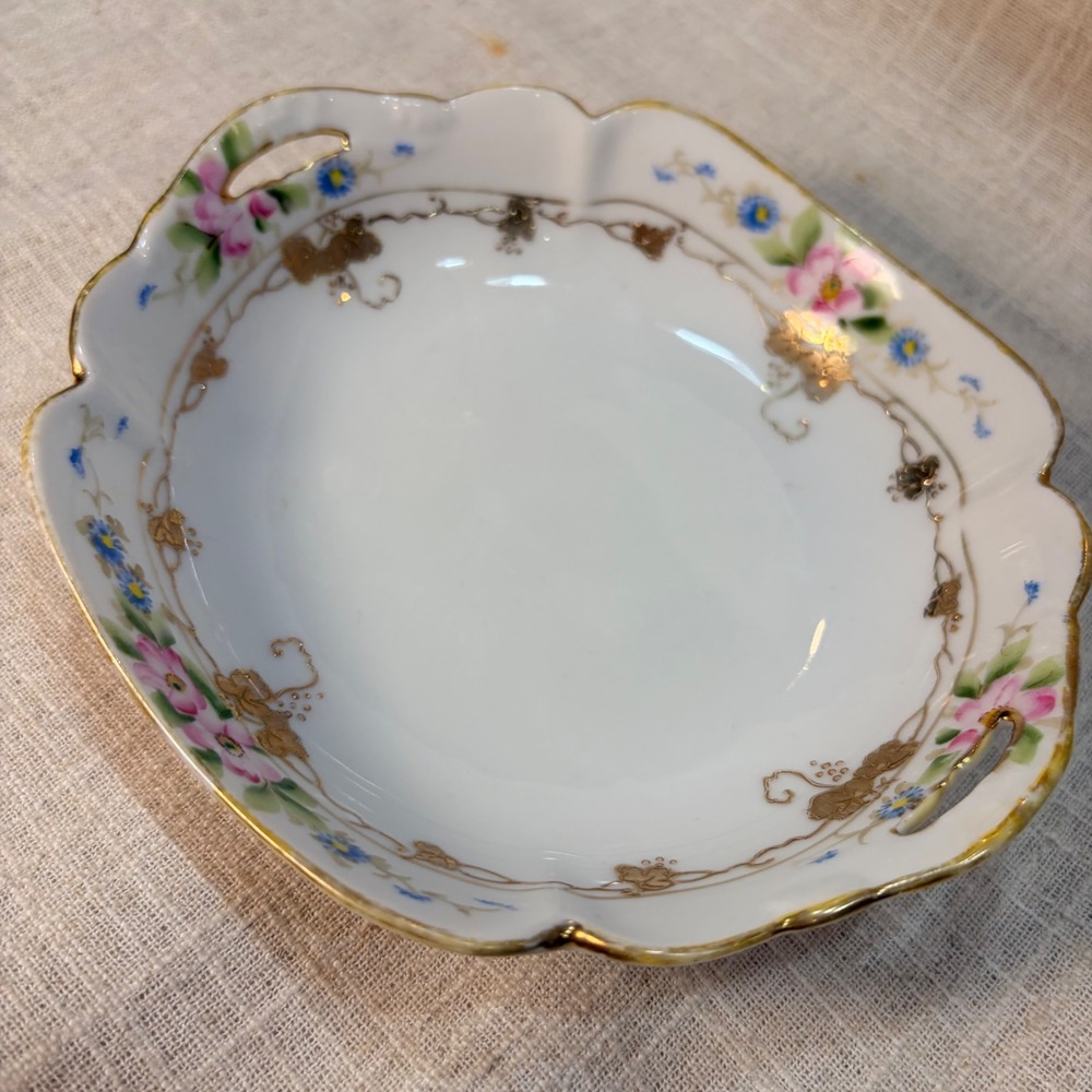 Antique‎ Hand Painted Nippon Porcelain Floral Trinket Dish Gold Gilt Scalloped